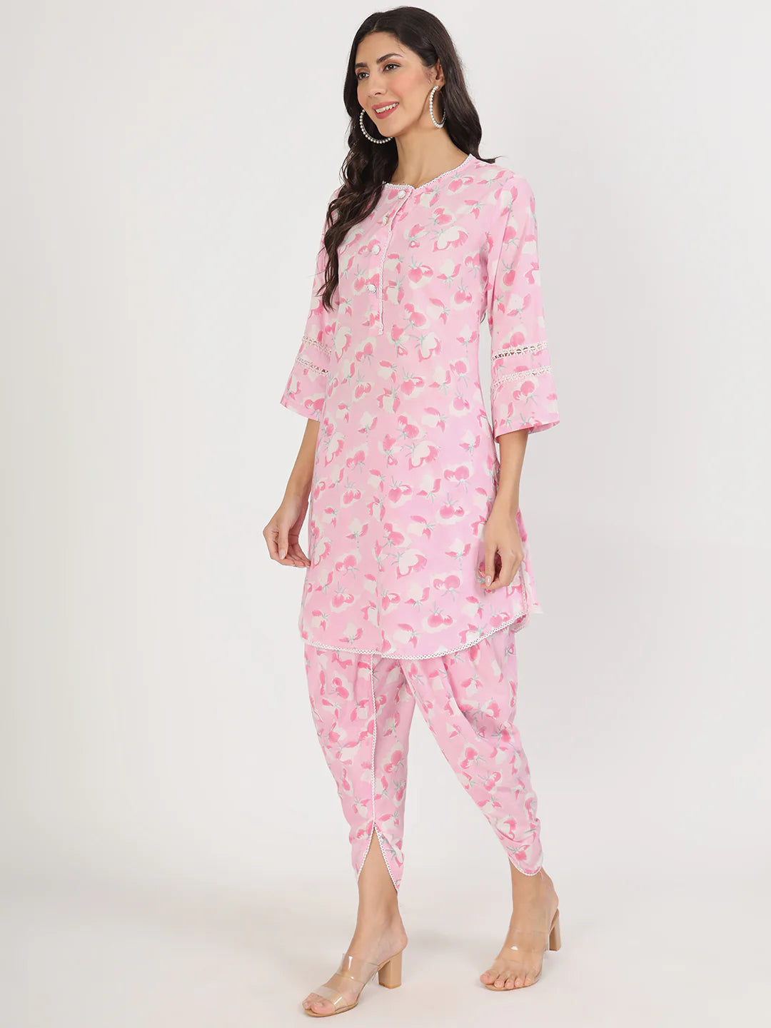 Pink Floral Printed Cotton Kurta with Dhoti Co-Ord Set