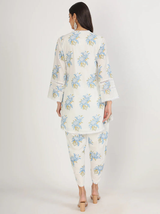 Off White Floral Print Cotton Co-ord Set