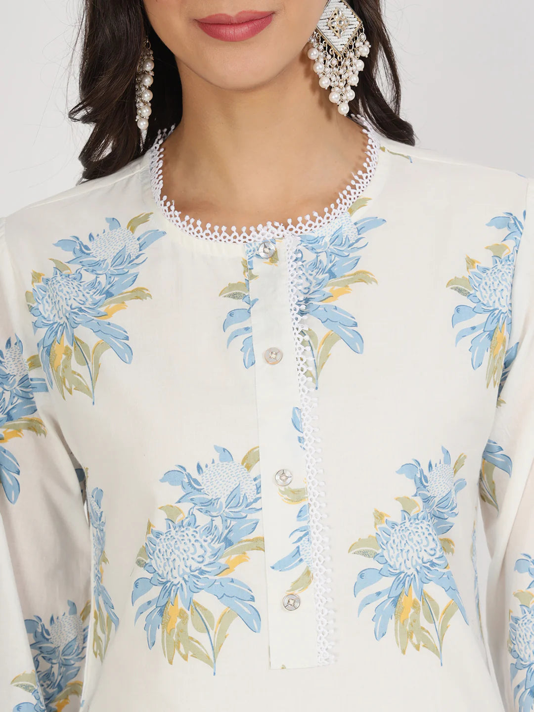 Off White Floral Print Cotton Co-ord Set