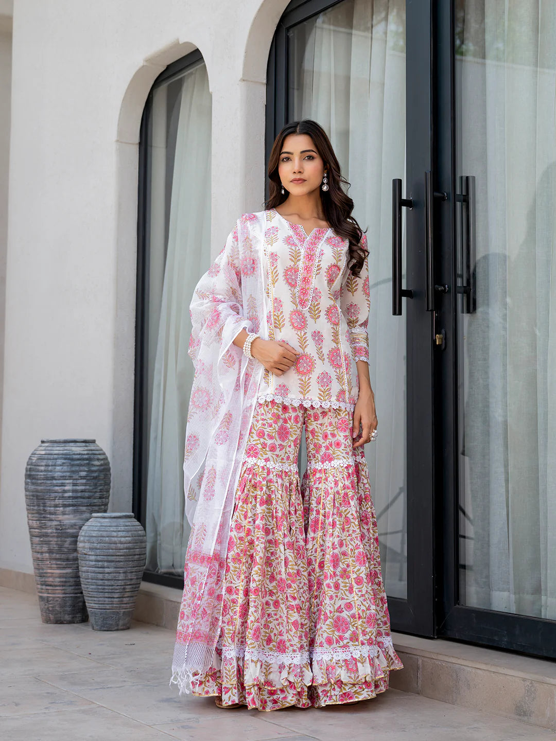 White Floral Print Pure Cotton Kurta Sharara Set