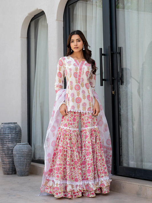 White Floral Print Pure Cotton Kurta Sharara Set