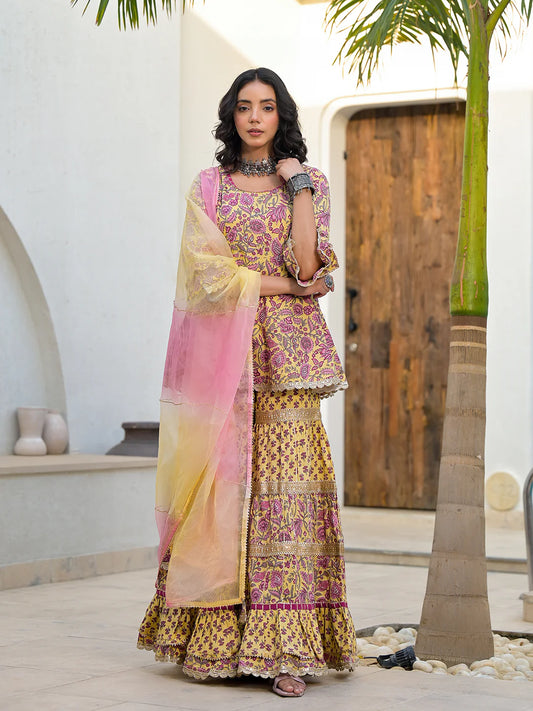 Yellow Floral Print Cotton Kurta Sharara Set