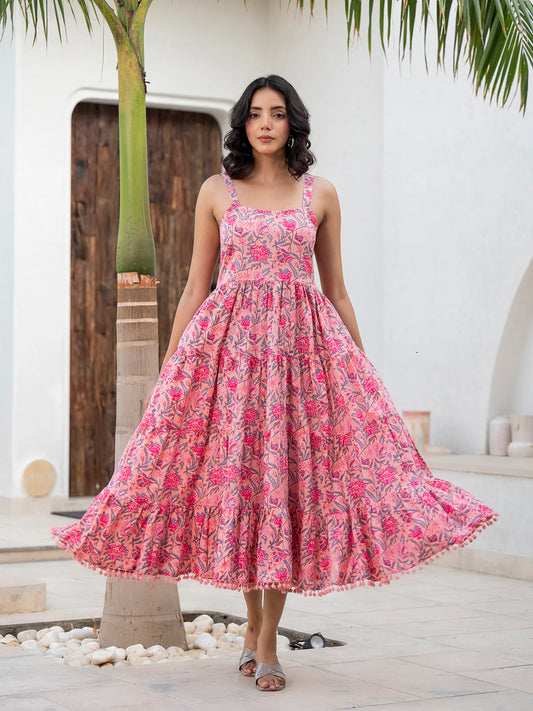 Pink Floral Printed Shoulder Strip Calf Long Ethnic Dress