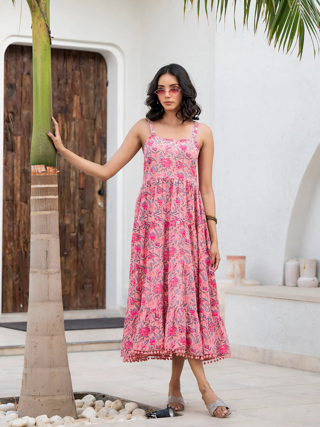 Pink Floral Printed Shoulder Strip Calf Long Ethnic Dress