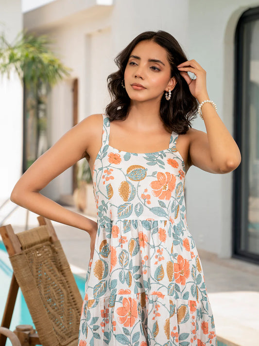 White Floral Printed Shoulder Strip Calf Long Dress